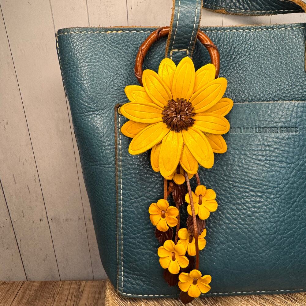 Genuine Leather Flower Purse Charm Yellow Daisy Flower Leather Bag Charm NEW!